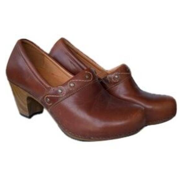 Dansko Riki Leather Heels 9 39 Mules Clogs Brown Embroidered Boho Western - Picture 1 of 9